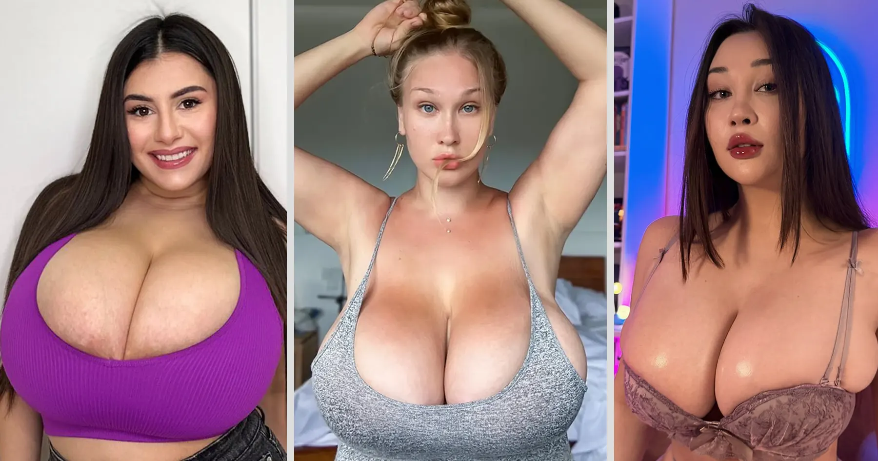 Three OnlyFans models with very large natural-looking tits posing in low-cut tops and lingerie for a comparison of bust size and style.