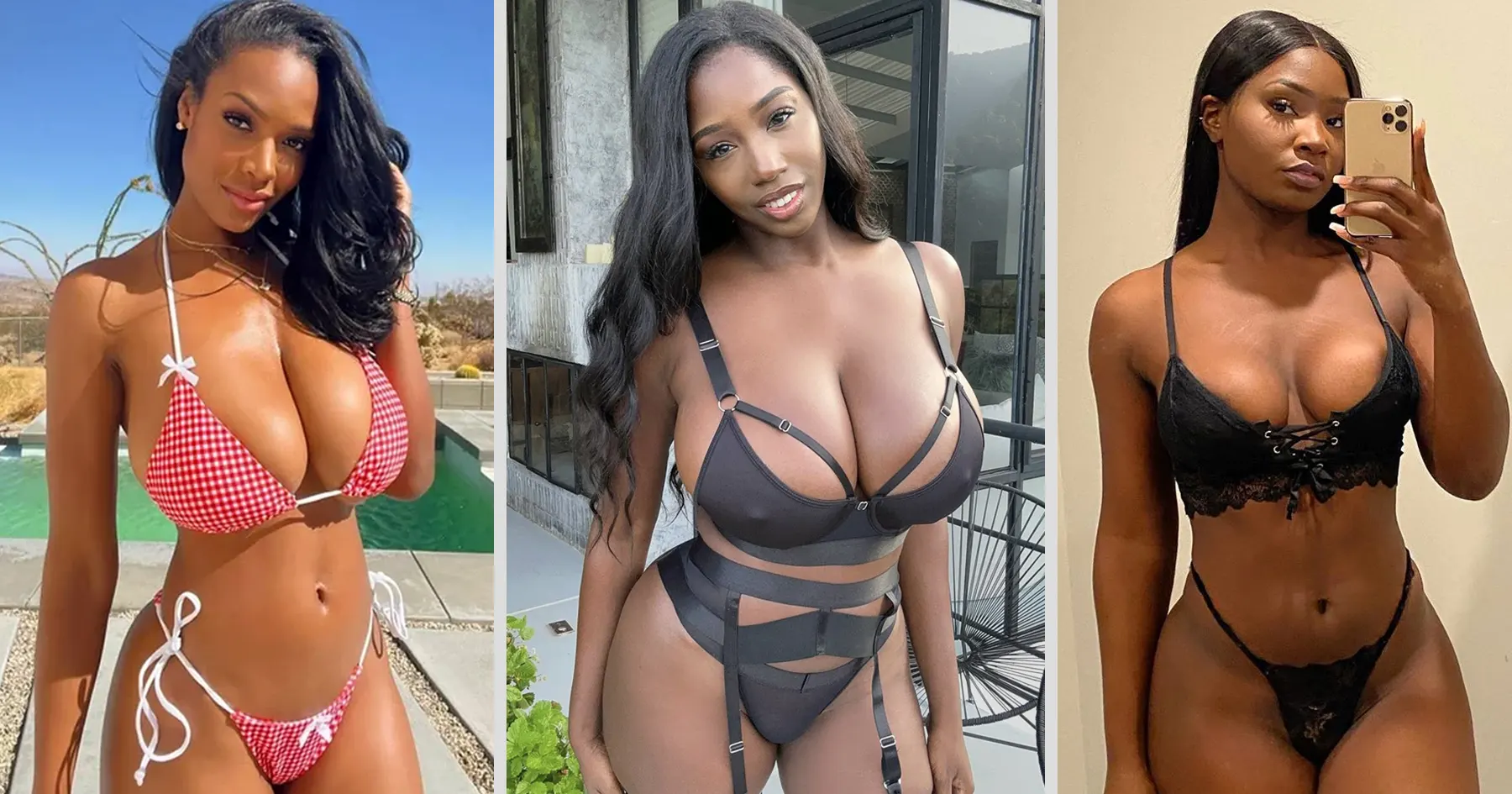 Three Black OnlyFans creators posing in bikinis and lingerie, showcasing different styles and glamorous looks in a side-by-side collage.